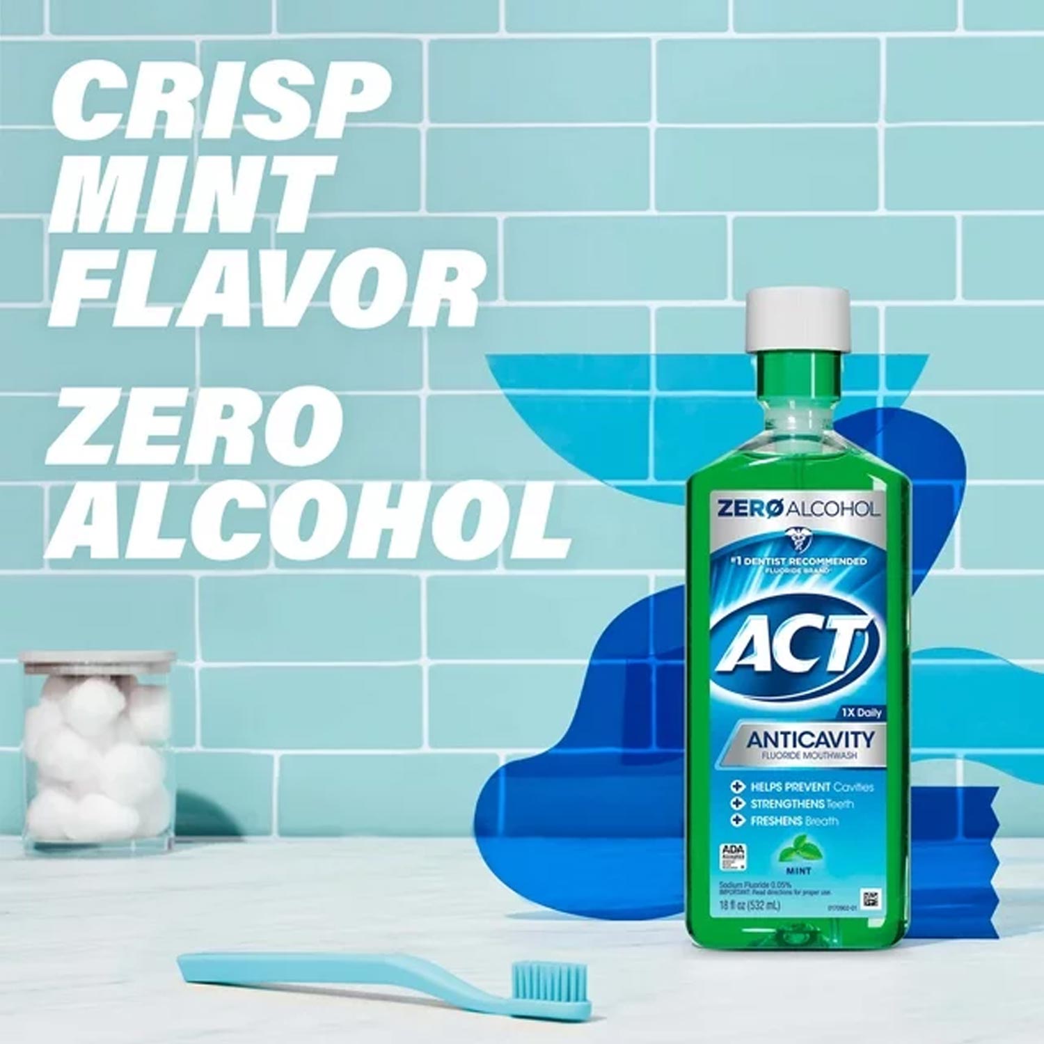 ACT Anticavity Fluoride Mouthwash With Zero Alcohol, Mint, 18 fl. oz - obrazek 2